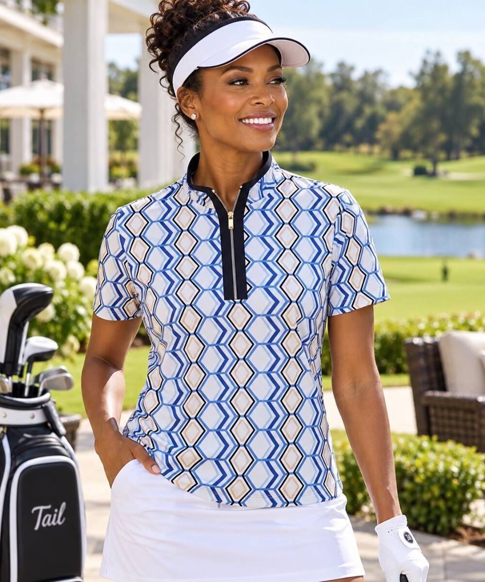 Tail Activewear Womens White Blue Geometric Short Sleeve Golf Top Large